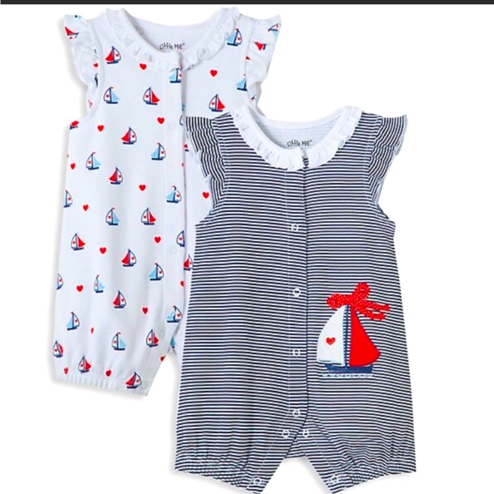 Little Me Baby Girl 2 piece romper bodysuit onesie hearts striped sailor Nwt